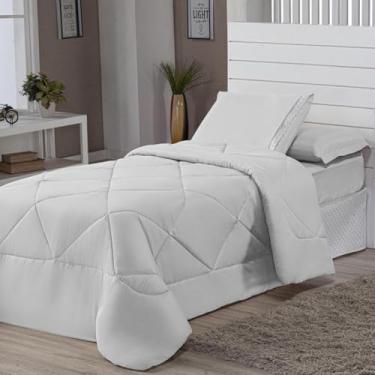 Imagem de Kit Edredom Solteiro Dupla Face + Lençol - 4 Peças em Preto e Cinza, Prático para Quartos Domésticos com Estilo Versátil (BRANCO)