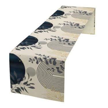 Imagem de Caminho de mesa boêmio boho de meados do século, azul natureza folha sol abstrato moderno minimalismo cozinha decoração de mesa de jantar para casamento interior e exterior, 33 x 152 cm