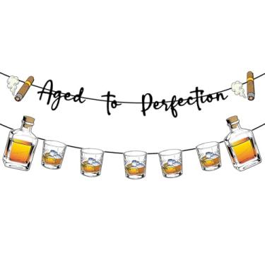 Imagem de Faixa pré-amarrada Aged to Perfection - Decoração com tema de uísque e charuto para aniversário masculino e bar, arte de parede vintage com glitter em ouro preto para festa de 40º 50º 60º