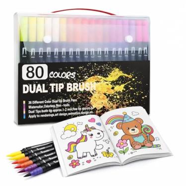 Imagem de Kit Pintura/Colorir Premium - COMPRE Maleta de Canetinhas Ponta Dupla e GANHE Livro para Colorir - Ideal para Pintura, Escolar, Antiestresse e Lettering (48, 60, 80 e 120 Cores) (80)