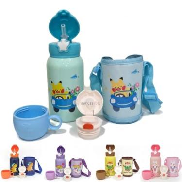 Imagem de Garrafa Térmica Infantil 500 ml Aço Inox Com Bolsa Canudo e Caneca Garrafinha Escolar Infantil (Azul Claro)
