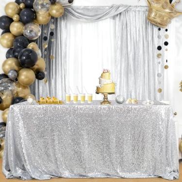 Imagem de B-COOL Toalha de mesa de lantejoulas 127 x 203 cm prata brilhante toalha de mesa pequena para festa de casamento, jardim, exibição de formatura