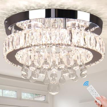 Imagem de YPQXYHDA Luz de teto de cristal regulável, lustres de cristal modernos de 30 cm luminária LED embutida para quarto, cozinha, sala de jantar, 3 cores ajustáveis