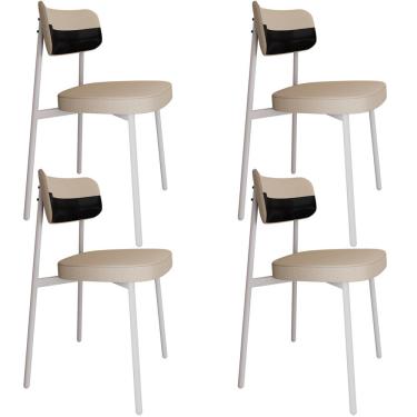 Imagem de Kit 04 Cadeiras Estofada Para Sala de Jantar Astrid Branco C01 Linho Areia Courino Preto - Lyam Decor
