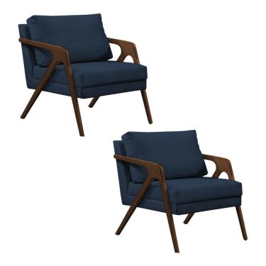 Imagem de Kit 2 Poltronas Mona Monique Luxo Base Madeira Maciça Mel Veludo Azul