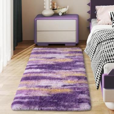 Imagem de Ailyei Tapetes macios para corredores de quarto, 6 x 10 cm abstrato roxo felpudo tapete antiderrapante para dormitório de cabeceira, tapete peludo longo e felpudo para berçário e sala de estar