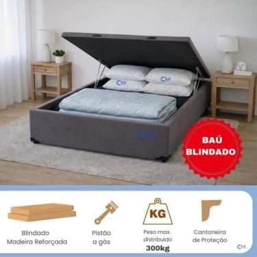 Imagem de Cama Box Baú Casal Reforçada Blindada 138x188 Suede com Pistão a Gás e