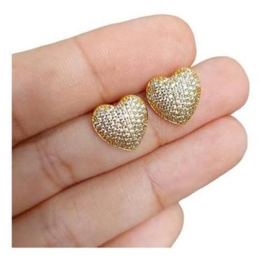 Imagem de Brinco Pedra Zirconia Coração Dourado F. Ouro 18K Noiva Fest - De Cast