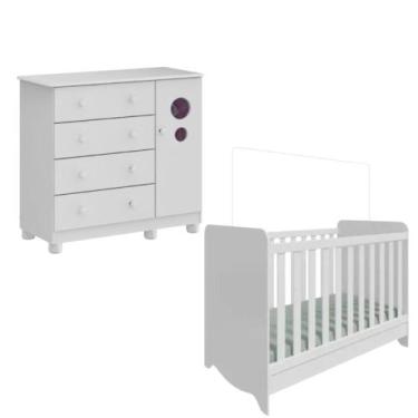 Imagem de Kit Berço e Cômoda Peroba Bolinha Cor Branco Quarto Infantil
