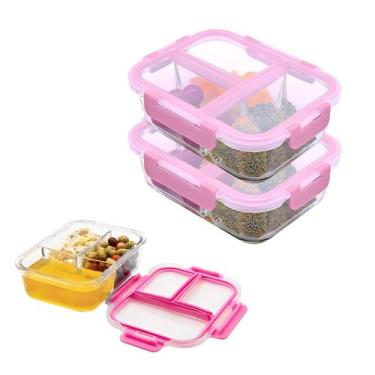 Imagem de Kit 2 Pote Vidro Hermético 3 Divisórias Tampa 1040ml Marmita - MUNDIAR