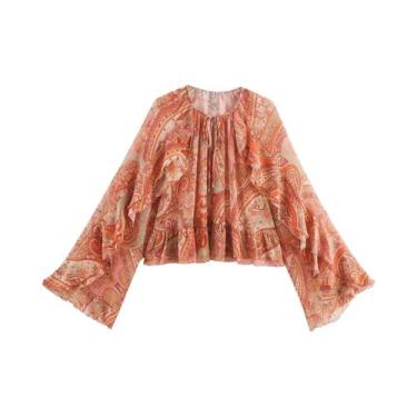 Imagem de Blusa Feminina Casual Com Estampa Paisley, Gola Redonda, Mangas Trompe