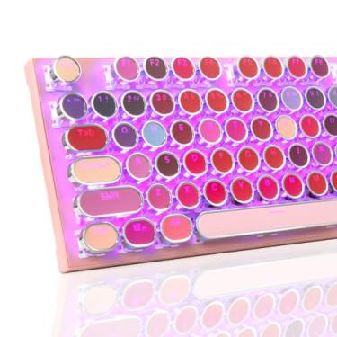 Imagem de Teclado mecânico para jogos HUO JI estilo máquina de escrever com iluminação lateral RGB e retroiluminação arco-íris, estilo retrô, interruptores azuis - clique, painel de metal, batom, 104 teclas USB