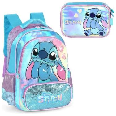 Imagem de Kit Mochila Stitch Disney Escolar Pelucia Azul C/ Estojo Box - Luxcel