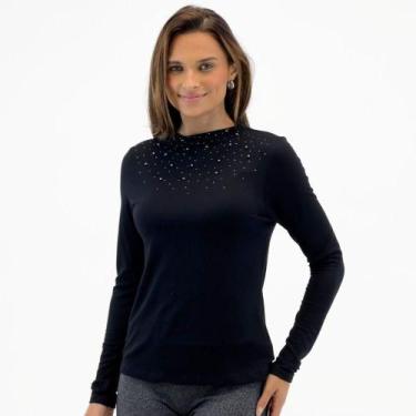 Imagem de Blusa Endless com Aplicações Manga Longa Gola Alta Feminina, P, Preto