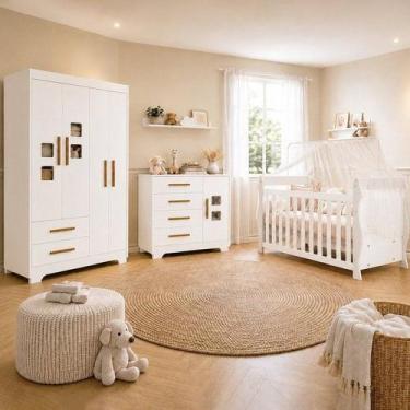 Imagem de Quarto de Bebê Completo com Guarda-Roupa, Berço e Cômoda Sonho Branco 