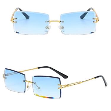 Imagem de Óculos de sol sem aro quadrado pequeno luxo tendência vintage óculos de sol para mulheres/homens estilo gradiente de metal sombra retangular, azul dourado C9, tamanho único