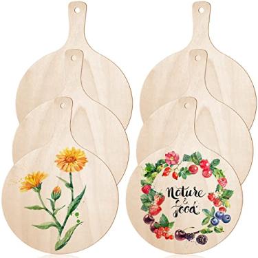 Imagem de 6 peças mini tábua de corte de madeira artesanato com alça tábua de corte de madeira tábuas de charcutaria redondas inacabadas mini tábua de queijos rústico remo bloco de açougueiro para servir faça v