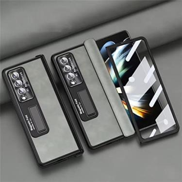 Imagem de FIRSTPELLA Capa compatível com Samsung Z Fold 4, capa traseira de couro de luxo com moldura de lente de textura de CD de metal e lente de vidro, capa de telefone com proteção de dobradiça magnética branca
