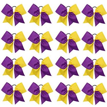 Imagem de 16 peças de arcos de cabelo grande para torcida de 20,32 cm com elástico e elástico para meninas adolescentes, universitárias (16 peças), Purple/Gold, 8 Inch