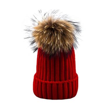 Imagem de Jueshanzj Gorro feminino masculino de tricô com pompom, Vermelho, tamanho �nico