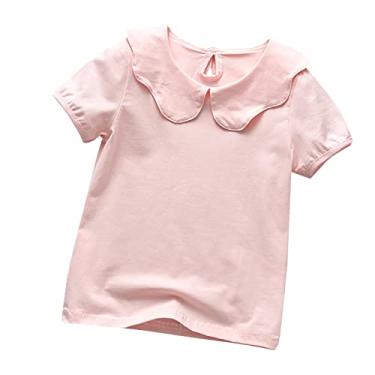 Imagem de Camiseta de verão para meninas pequena fresca manga curta gire gola redonda cor sólida casual à beira-mar exclusivo menino roupas infantis (rosa, 4-5 anos)