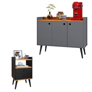 Imagem de Kit Cozinha Cantinho Café Aparador Buffet Decoração Sala Quarto Mesinha Cabeceira Mesa Lateral 2 Gavetas Retrô - RPM Móveis (Cinza | Preto Cinamomo)