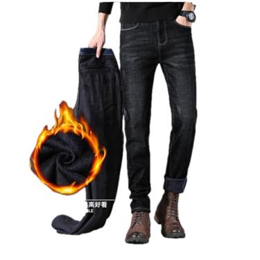 Imagem de Calças jeans calças jeans outono e inverno pelúcia e jeans grosso masculino slim fit reta stretch jeans calça longa masculina, 626 Preto (pelúcia), 30-31