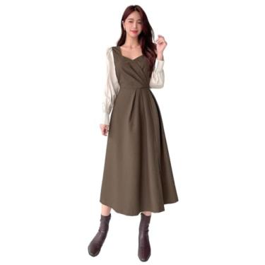 Imagem de Camisa Feminina Two Tone Sweetheart Neck Plicated Detail Dress (Color : Coffee Brown, Size : M)