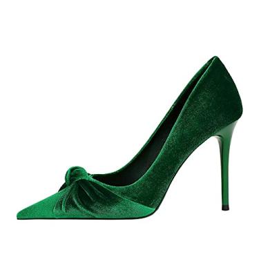 Imagem de Sapatos femininos fechados com bico fino salto alto 10 cm camurça laço clássico slip on stiletto sapatos de noiva festa noite vestido formatura, Verde, 8.5