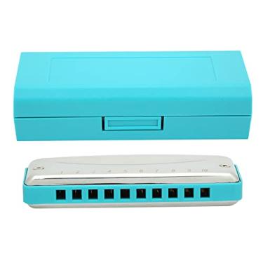 Imagem de Órgão bucal Blues com 10 orifícios, gaita blues com 10 furos, bocal #f Key capa portátil de aço inoxidável de alto brilho à prova d'água um instrumento musical para iniciantes (azul) instrumento de brincar