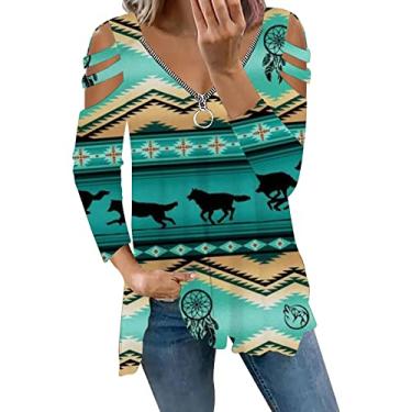 Imagem de Tops de ombro frio para mulheres com estampa solta, camisas de manga comprida, bainha fluida, zíper, gola V, alça, túnica manga Top feminino Geometria Tribal Asteca Ocidental M13-Verde X-Large