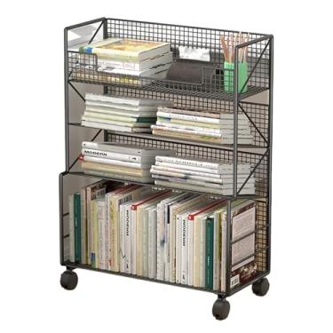 Imagem de Carrinho de estante móvel, estante de metal Carrinho de estante com rodas Organizador de armazenamento de mesa Estante push/expositor de canto Rack de revistas para espaços estreitos (cor: preto, ta