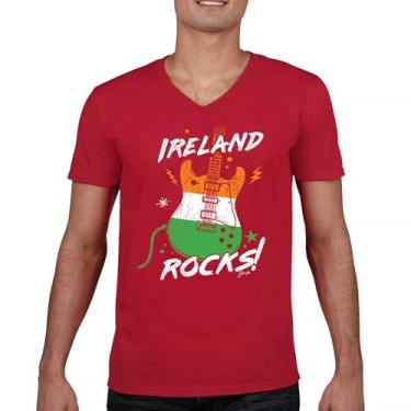 Imagem de Camiseta Ireland Rocks Guitar Flag St Patrick's Day Gola V Shamrock Groove Vibe Pub Celtic Rock and Roll Clove Tee, Vermelho, G