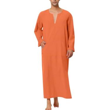 Imagem de MANYUBEI Roupão muçulmano masculino, roupas étnicas do Oriente Médio, gola V, manga comprida, camisa estilo longa, Laranja, G