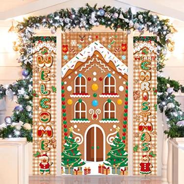 Imagem de 3Pcs Christmas Gingerbread House Party Decorations, Gingerbread House Door Cover Banner Welcome Christmas Porch Sign Peppermint Candy Cane Banner for Winter Xmas Party Supplies Indoor Outdoor
