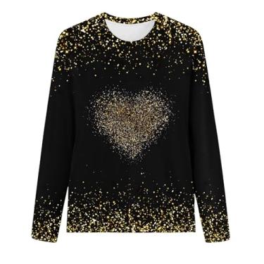 Imagem de Suéter feminino Love Heart listrado camiseta solta manga longa gráfico camisetas para namorada, Dourado, P
