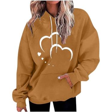 Imagem de Suéter feminino estampado dia dos namorados amor coração gráfico moletom solto manga 3/4 camisas presente para casais, Dourado, 3G