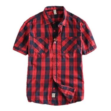 Imagem de Camisa masculina xadrez clássica de manga curta tendência diária de verão camiseta de algodão lavado meia manga, Vermelho, G
