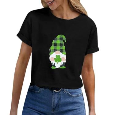 Imagem de Camisetas femininas do Dia de São Patrício com estampa da bandeira americana, túnica verde, camisetas estampadas de manga curta, Preto, P