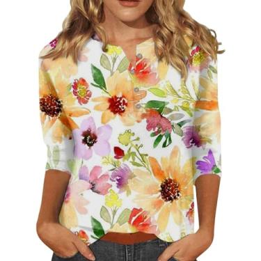 Imagem de Camiseta feminina de verão, estampa floral, abotoada, túnica Henley de três quartos, roupas casuais de férias, Amarelo - A, XXG