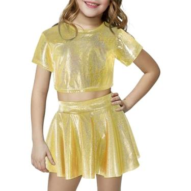 Imagem de Happy Cherry Conjunto de 2 peças de blusa cropped de manga curta metálica brilhante com saia plissada para dançar, Dourado, 7-8 Anos