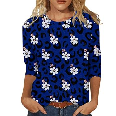 Imagem de Camisetas femininas de manga 3/4 de comprimento e gola redonda, soltas, casuais, camisetas com estampa floral, Ofertas relâmpago azul-marinho, P