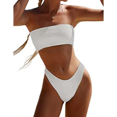 Imagem de YIMISAN Biquíni feminino tomara que caia de duas peças com nervuras, sem alças, cintura média, parte inferior atrevida, Branco, GG