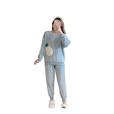 Imagem de LUBOSE Pijama feminino de lã dupla face, pijama quente, adorável pijama macio e confortável de inverno, pijamas femininos roupas de casa (XG, abacaxi azul)