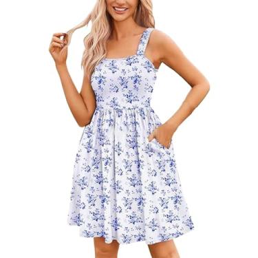 Imagem de Vestido feminino fashion casual verão decote quadrado alça floral vestidos vintage para mulheres, Azul-celeste, G