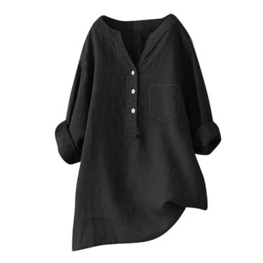 Imagem de Camiseta feminina de linho Henley Pocket Blusas Plus Size manga longa cor sólida verão túnica, Preto, XXG
