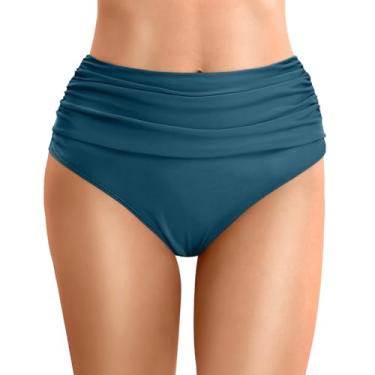 Imagem de Lainuyoah Calcinha de biquíni feminina cintura alta com controle de barriga franzida cor sólida moderna calcinha tanga de praia, B - azul-marinho, GG
