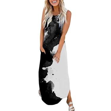 Imagem de Aniywn Vestidos de praia de verão para mulheres 2024 férias vestido maxi rodado vestido gradiente vestido sem mangas colete casual vestido com bolsos, A4 - Branco, GG