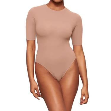 Imagem de REORIA Camisetas femininas modernas com gola redonda, manga curta, forro duplo, body básico para sair, Nude., P