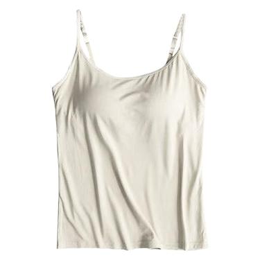 Imagem de Regatas com sutiãs embutidos para mulheres alças finas ajustáveis camiseta verão atlético treino básico camisetas, Bege, 3G